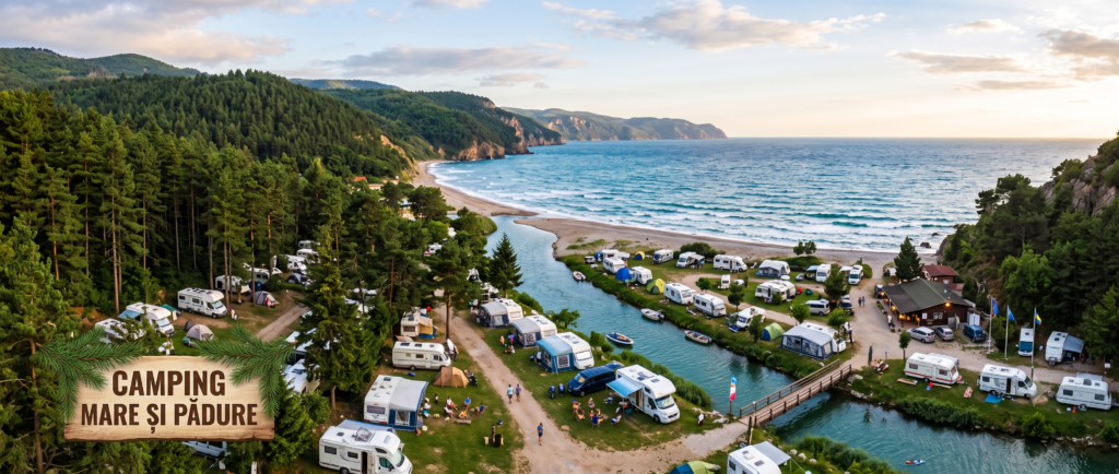 Camping langa mare cu rulote, caravane si corturi