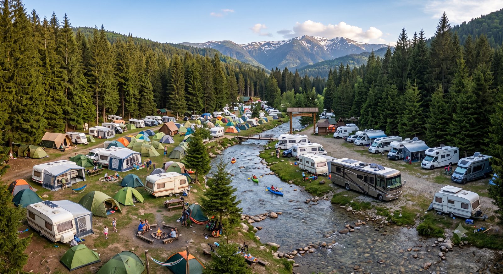 Camping cu rulote, caravane și corturi lângă un râu de munte