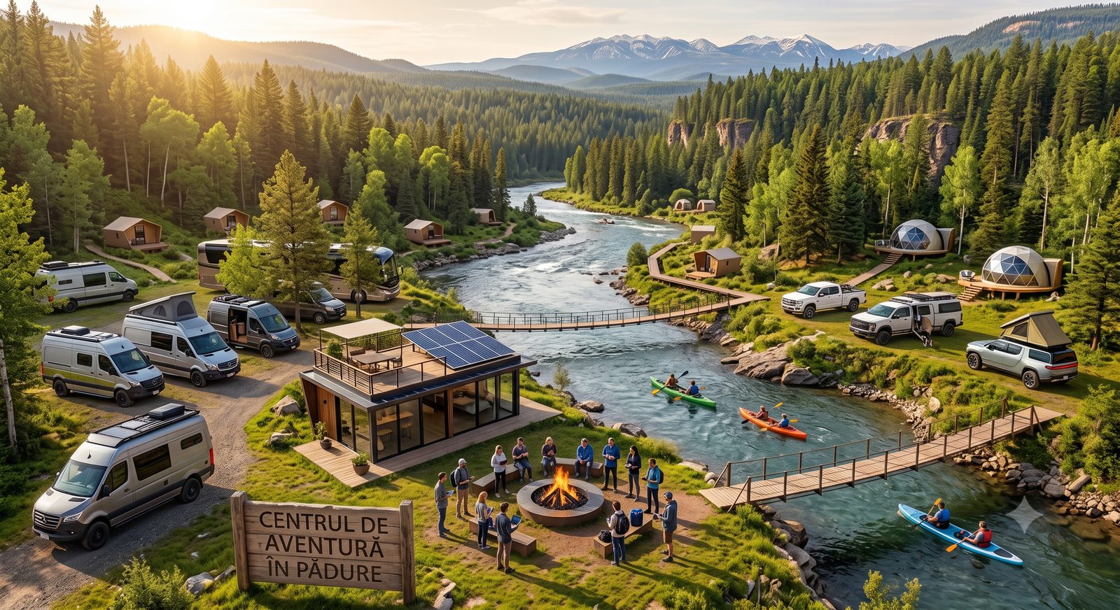 Centru de aventură în pădure cu camper-vane, autorulote și cabane moderne