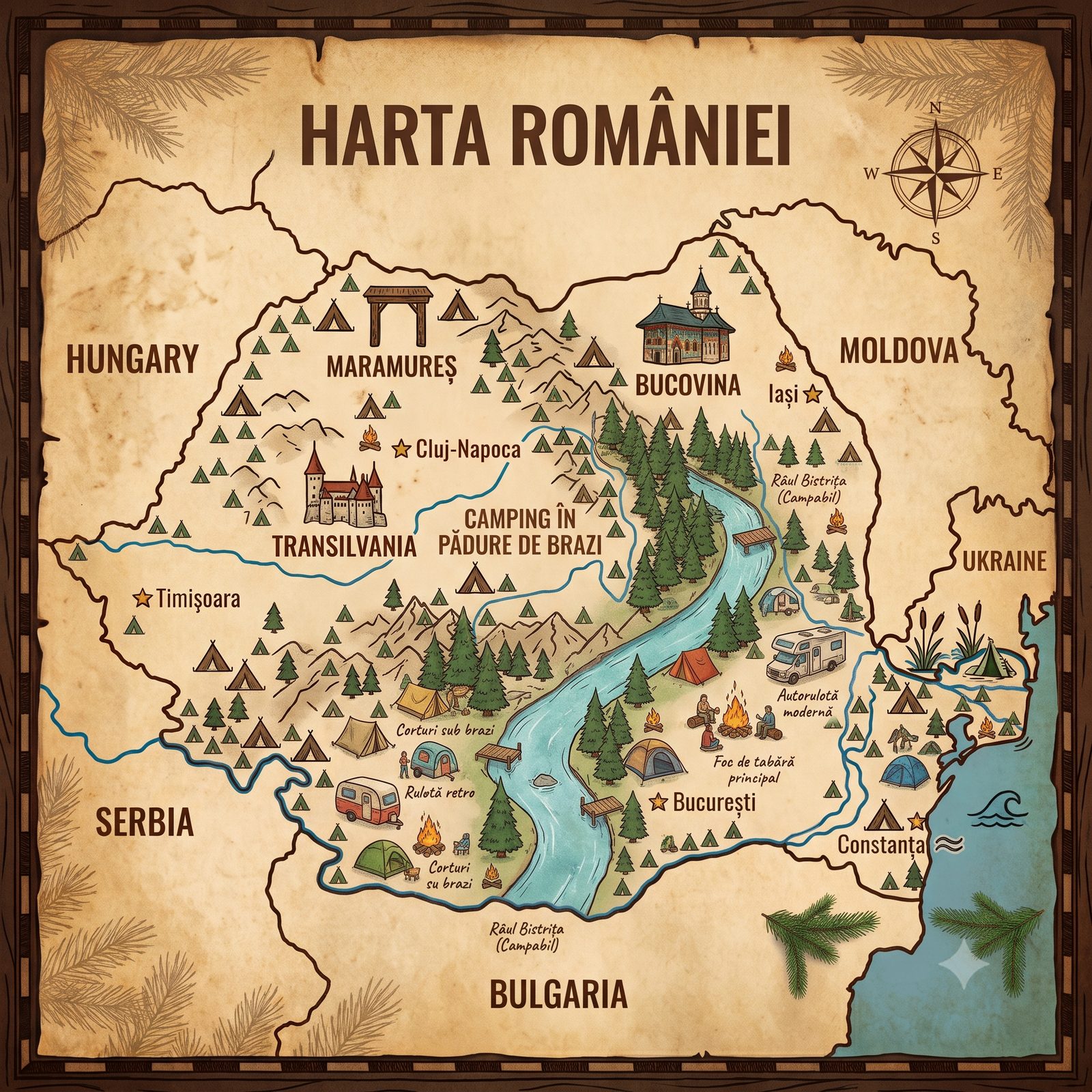 Harta locațiilor de camping din România pentru rulote, caravane și corturi