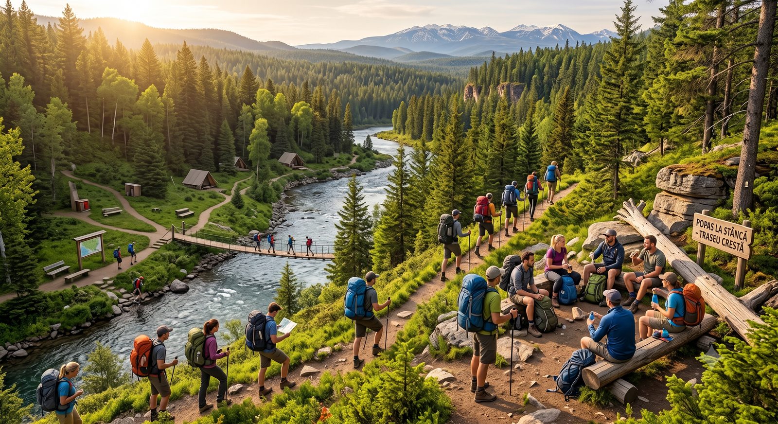 Drumeți cu rucsaci pe traseu montan lângă un camping cu rulote și corturi